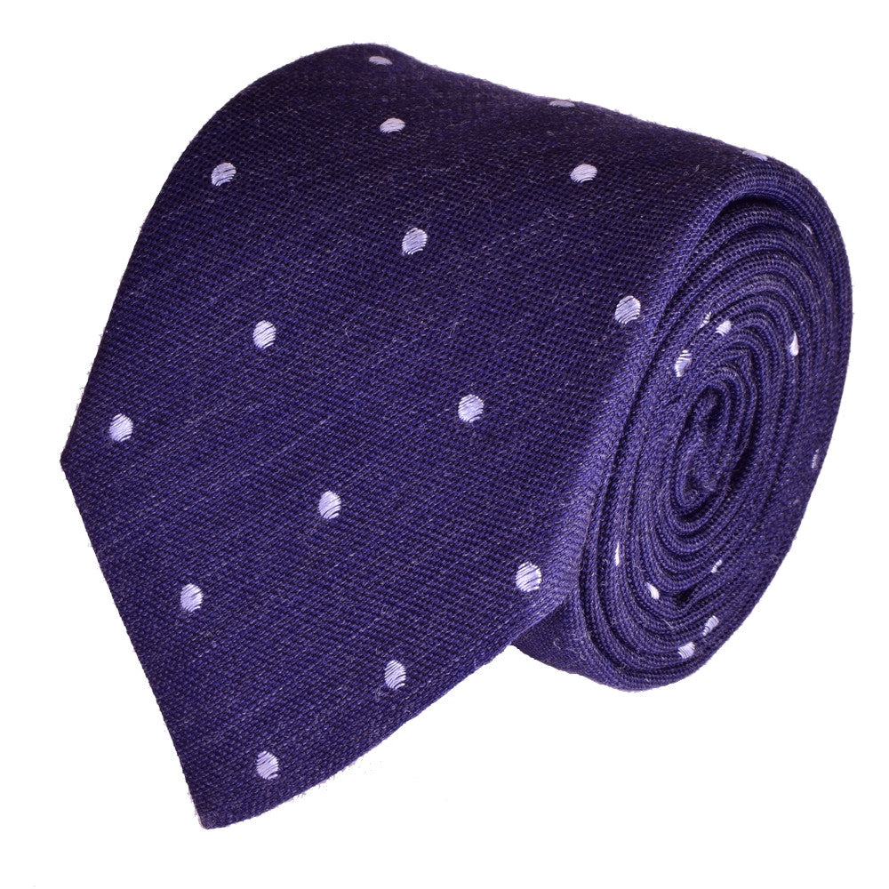 TOLOPE-BLUE, POLKA-DOTS, WOOL NECKTIE HANDMADE IN ITALY BASKETWEAVE FABRIC- CRAVATTA IN LANA BLU TOLOPEA E POIS GRANDI, FINITURA A CANESTRO - TIESHOPROME